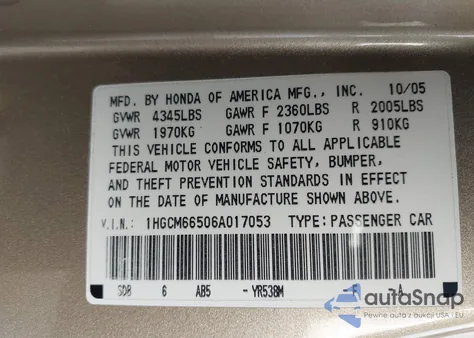 2006 Honda Accord 3.0 Ex из США, поврежденный, VIN 1HGCM66506A017053